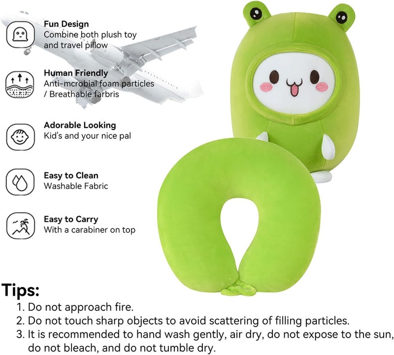 stocaggio Kids Travel Pillow - 2-in-1 Deformable Kids Neck Pillow for Traveling, Soft U-Shaped Pillow with Adorable Animal Design, Comfy Sleep and Play, Ideal for Airplanes and Traveling (Green Frog) - Image 5